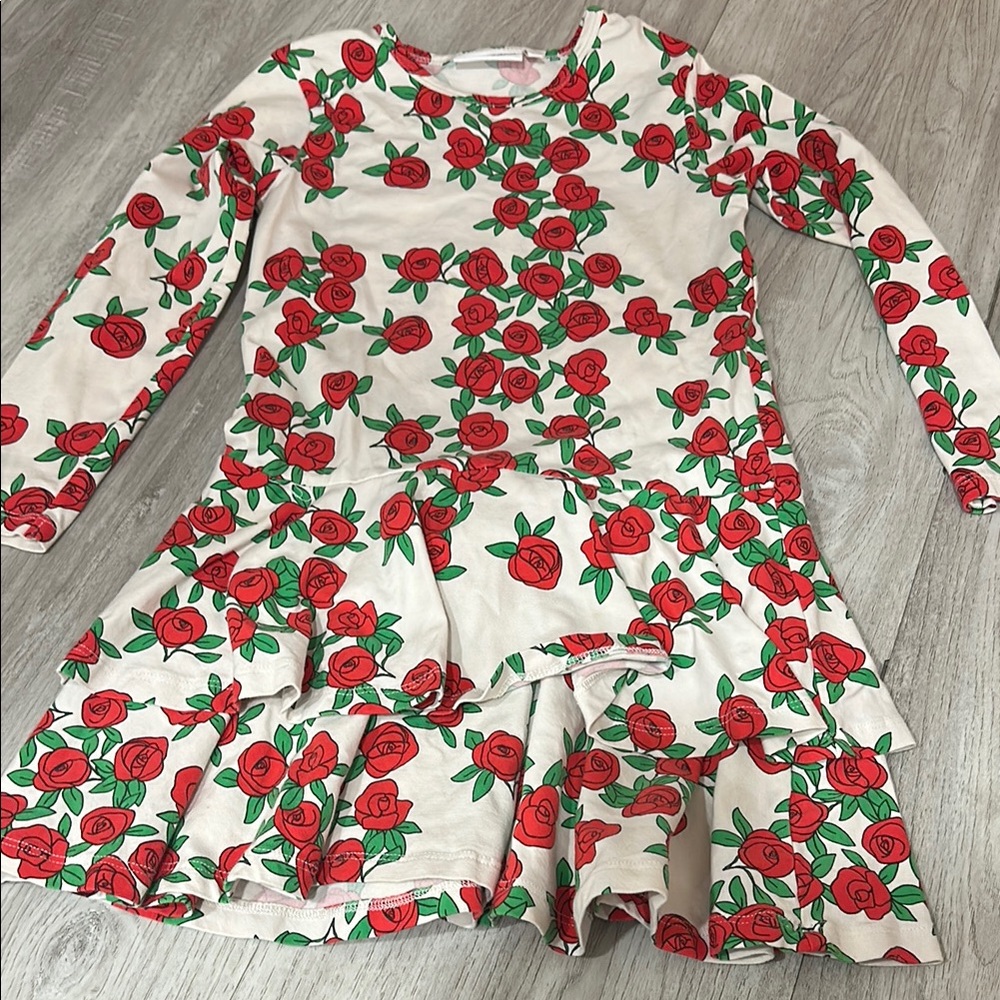 Mini Rodini Cream Dress with Red Rose Pattern